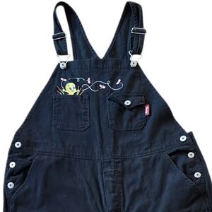 Looney Tunes WB Black Y2K Tweety Embroidery Denim Overalls Sz. 16